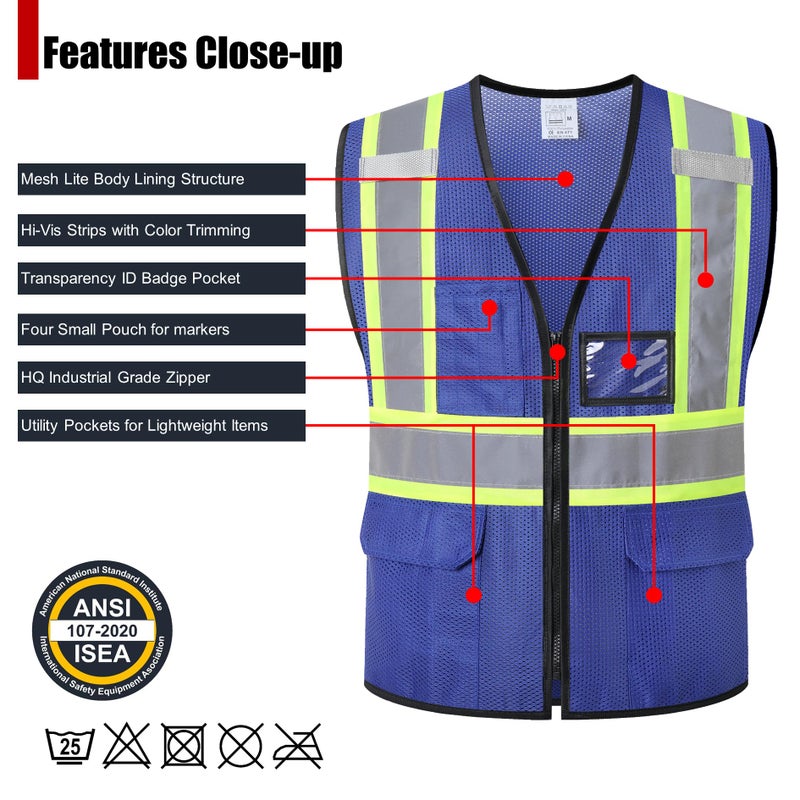 HATAUNKI Reflective Safety Vest for Men Women Hi Vis Vest with Pockets High Visibility Vest Mesh Construction Vests Meets ANSI/ISEA Standards (Blue-33, XX-Large) - Image 2